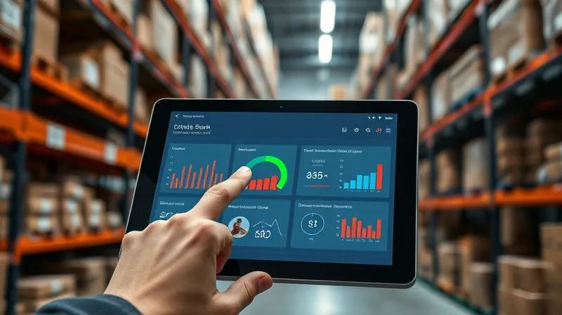Photorealistic, professional photography, 8K, cinematic lighting, sharp focus, depth of field, shot on a high-end DSLR. A modern, clean inventory management dashboard on a tablet, showing color-coded stock levels (green for healthy, red for low), with product images and real-time sales data. A hand is interacting with the touch screen, in a well-organized stockroom.