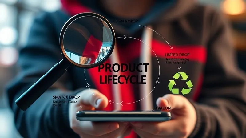 Photorealistic, professional photography, 8K, cinematic lighting, sharp focus, depth of field, shot on a high-end DSLR. A visually engaging infographic-style image depicting a product’s lifecycle in streetwear: starting with 'Trend Identification' (magnifying glass over a phone), moving to 'Design & Prototype', 'Limited Drop', 'Feedback Loop', 'Mass Production (if successful)', and finally 'Smart Liquidation/Repurpose' (a recycling symbol or creative reuse). The flow is dynamic and circular.
