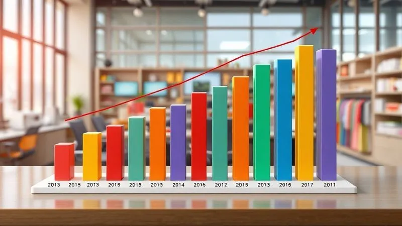 A photorealistic 3D bar chart showing sales growth for different kids' character clothing lines over a year, with superimposed trend lines indicating upcoming movie releases and seasonal peaks. The chart is clean, professional, and uses a vibrant but not childish color palette, set in a modern, well-lit office environment. Photorealistic, professional photography, 8K, cinematic lighting, sharp focus, depth of field, shot on a high-end DSLR.