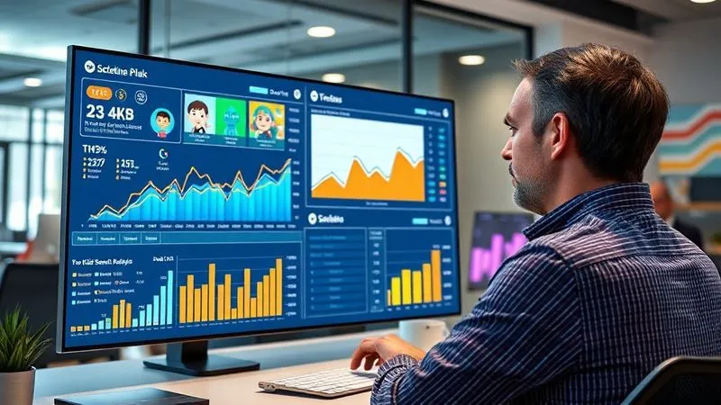 A photorealistic image of a sleek, modern dashboard displaying real-time social media trends for popular children's characters, alongside sales data visualizations for kids' character clothing. The screen is vibrant with interactive graphs and sentiment analysis, viewed by a focused retail analyst in a contemporary office setting. Photorealistic, professional photography, 8K, cinematic lighting, sharp focus, depth of field, shot on a high-end DSLR.