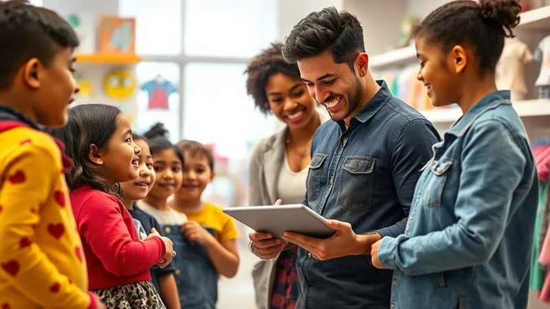 A photorealistic image of a diverse group of children and parents interacting happily with a friendly retail assistant in a bright, modern kids' clothing store. The assistant is holding a tablet, taking notes, symbolizing active listening and gathering customer feedback. The environment is playful yet clean, with colorful character clothing visible on display. Photorealistic, professional photography, 8K, cinematic lighting, sharp focus, depth of field, shot on a high-end DSLR.