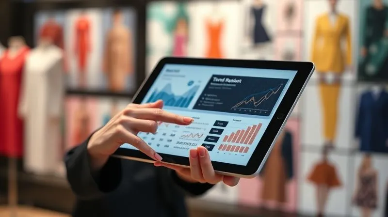 Photorealistic, professional photography, 8K, cinematic lighting, sharp focus on a stylish woman's hand scrolling through a tablet displaying fashion trend reports and analytics charts, with a blurred background of abstract, colorful fashion mood boards. Depth of field, shot on a high-end DSLR, conveying strategic market research and forward-thinking in a boutique setting.