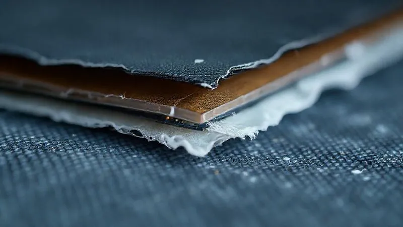 Photorealistic macro shot, 8K, cinematic lighting, sharp focus, depth of field, shot on a high-end DSLR. A close-up view of a multi-layer smart fabric showing clear signs of delamination, with layers visibly peeling apart at the edges and a faint, distressed electronic circuit exposed beneath. The texture of the fabric appears frayed and compromised, conveying fragility and failure.