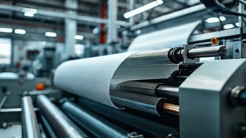 Photorealistic, professional photography, 8K, cinematic lighting, sharp focus, depth of field, shot on a high-end DSLR. A high-tech industrial lamination machine in operation, with multi-layer smart fabric moving through precision rollers. The scene is well-lit, showing intricate details of the machinery and the seamless bonding process, conveying efficiency and advanced manufacturing.