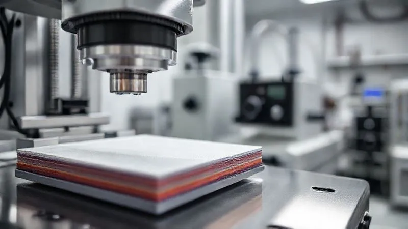Photorealistic, professional photography, 8K, cinematic lighting, sharp focus, depth of field, shot on a high-end DSLR. A close-up of a textile testing laboratory, showing a specialized machine performing a peel strength test on a multi-layer smart fabric sample. The focus is on the separating layers, with scientific instruments in the background, conveying precision and empirical validation.