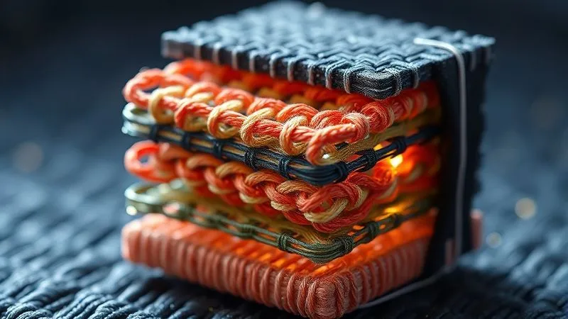 A photorealistic, professional photography, 8K, cinematic lighting, sharp focus, depth of field, shot on a high-end DSLR image showing a magnified cross-section of a 3D woven smart textile. The image clearly illustrates how different colored yarns interlace and bind multiple fabric layers together, creating a robust, integrated structure with no discernible gaps between layers. The lighting emphasizes the intricate connections and durability.