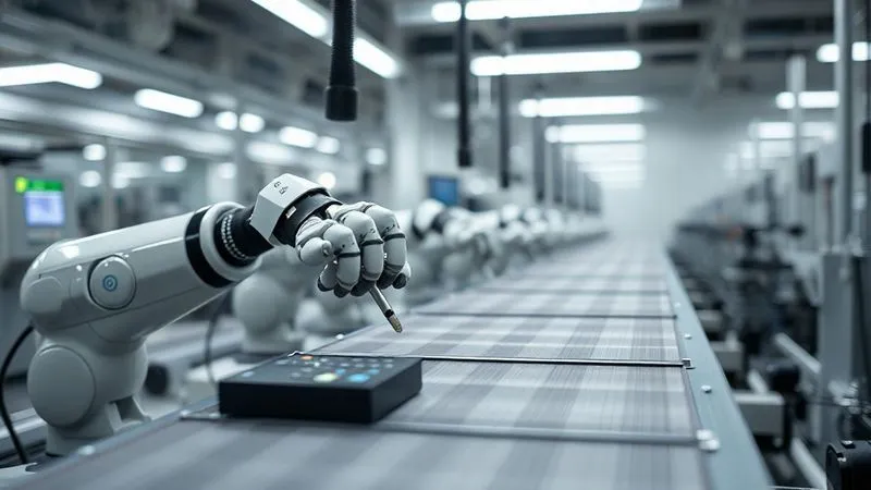 A photorealistic, professional photography, 8K, cinematic lighting, sharp focus, depth of field, shot on a high-end DSLR image showing a sophisticated smart textile manufacturing line. Robotic arms precisely apply a thin, transparent polymer coating onto a multi-layer fabric. The environment is clean and sterile, with focused lighting highlighting the precision of the automated process, symbolizing advanced encapsulation for durability.