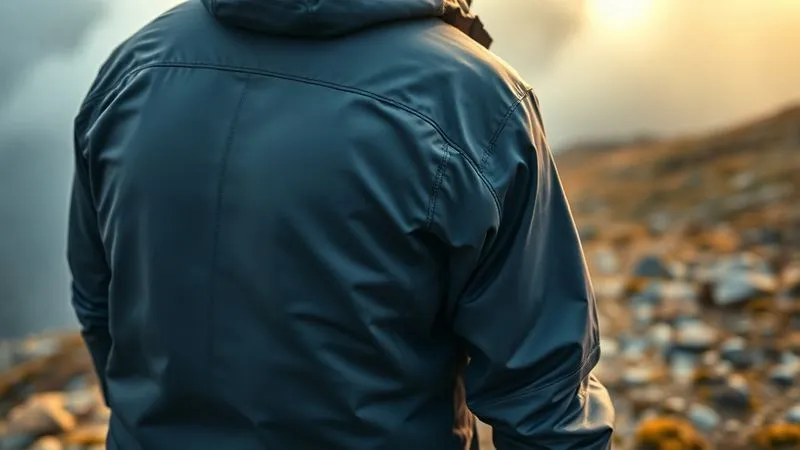A photorealistic, professional photography, 8K, cinematic lighting, sharp focus, depth of field, shot on a high-end DSLR image of a person wearing a smart textile jacket, hiking through a misty, rugged mountain landscape. The jacket shows subtle embedded sensors and durable, seamless seams, symbolizing advanced textile performance in challenging environmental conditions. The focus is on the integrated design and resilience.