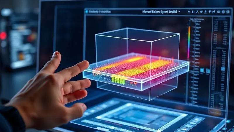 A photorealistic, professional photography, 8K, cinematic lighting, sharp focus, depth of field, shot on a high-end DSLR image of a holographic 3D model of a multi-layer smart textile, being analyzed on a futuristic transparent computer screen. Intricate stress points and material interactions are highlighted in vibrant colors, symbolizing advanced simulation and predictive modeling for textile durability. A hand gestures towards the screen, indicating expert analysis.