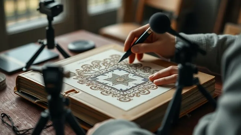 A photorealistic, professional photography, 8K, cinematic lighting, sharp focus, depth of field, shot on a high-end DSLR, a master artisan's hands meticulously documenting a complex haute couture embroidery stitch pattern in a detailed, leather-bound journal, with digital recording equipment (a high-resolution camera on a tripod, a small microphone) subtly in the background, light streaming from a window illuminating the intricate work.