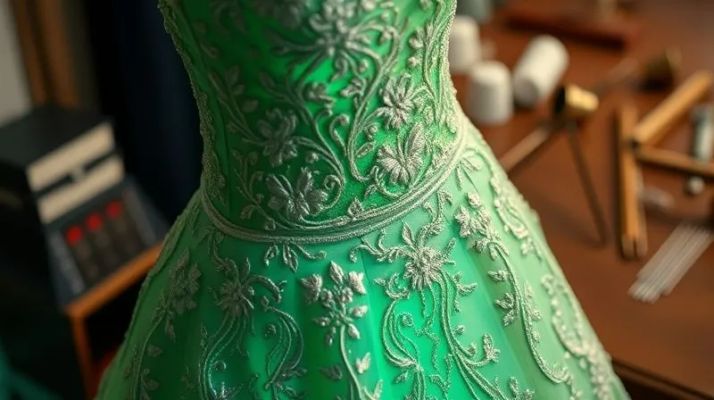 A photorealistic, professional photography, 8K, cinematic lighting, sharp focus, depth of field, shot on a high-end DSLR, a haute couture gown adorned with intricate embroidery being meticulously digitally scanned with advanced laser technology, the shimmering green light capturing the texture and details, against a softly blurred background of traditional atelier tools like thimbles and needles.