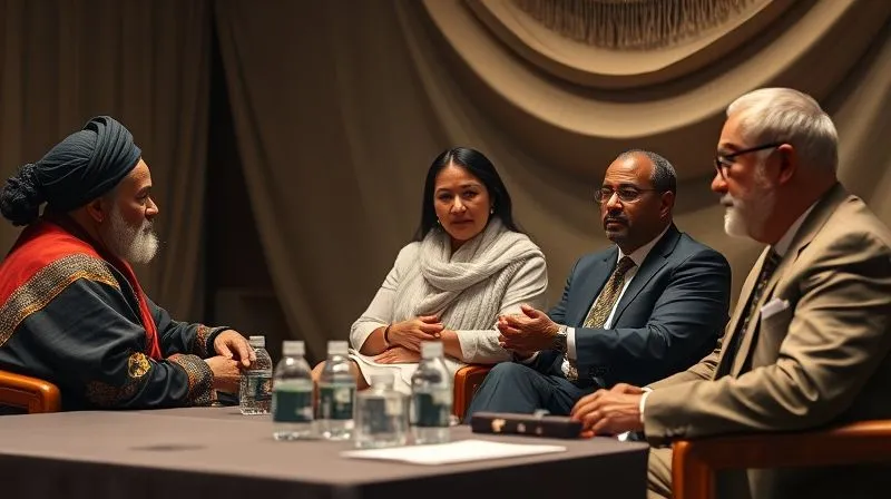 A photorealistic, professional photography, 8K, cinematic lighting, sharp focus, depth of field, shot on a high-end DSLR, a diverse panel of experts, including a master artisan, a cultural anthropologist, and a legal policy maker, engaged in a thoughtful discussion at a high-level summit on cultural heritage preservation, with elegant textiles subtly draped in the background, suggesting the subject of their discourse.