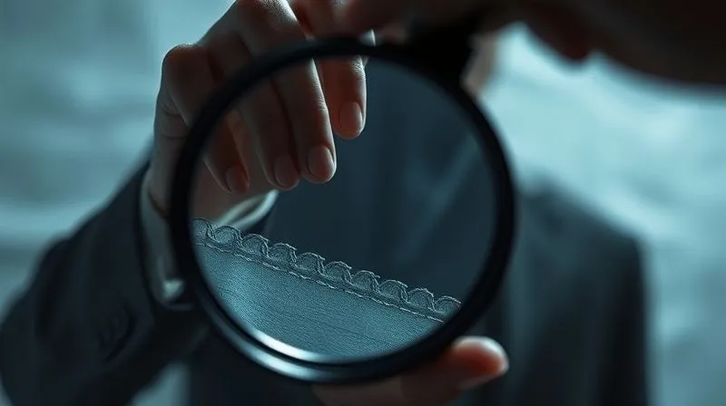 A photorealistic image of a delicate, hand-stitched haute couture fabric swatch being examined under a magnifying glass, with a blurred background showing a shadowy figure reaching for it, symbolizing the vulnerability of unique designs. Professional photography, 8K, cinematic lighting, sharp focus, depth of field, shot on a high-end DSLR.