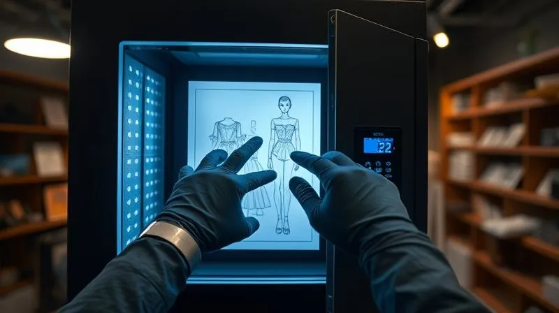 A photorealistic image of a haute couture design sketch being securely locked in a high-tech, biometric safe, with a gloved hand activating the security system. The background shows a dimly lit, organized design studio. Professional photography, 8K, cinematic lighting, sharp focus, depth of field, shot on a high-end DSLR.