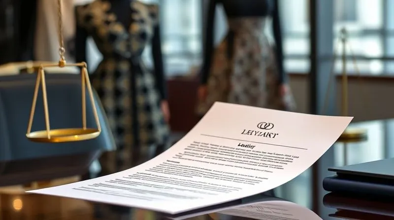 A photorealistic image of a legal document (cease and desist letter) with a prominent luxury brand logo, being presented on a polished desk, alongside a blurred image of a copied haute couture garment in the background, symbolizing legal action against infringement. Professional photography, 8K, cinematic lighting, sharp focus, depth of field, shot on a high-end DSLR.