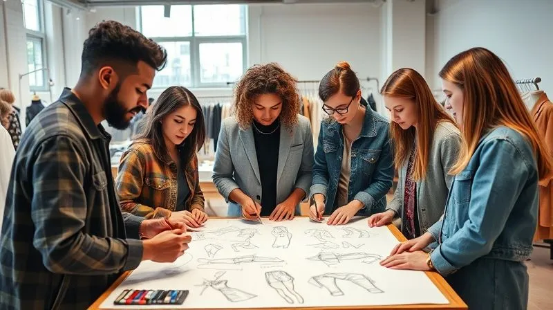 A photorealistic image of a diverse group of fashion designers collaborating and sketching original designs in a brightly lit, modern studio, with a sense of shared creativity and innovation. Professional photography, 8K, cinematic lighting, sharp focus, depth of field, shot on a high-end DSLR.