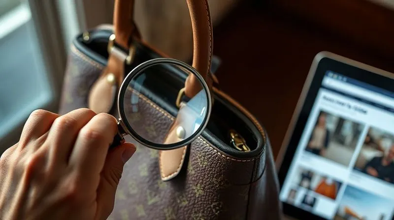 A photorealistic, professional photography, 8K, cinematic lighting, sharp focus, depth of field, shot on a high-end DSLR of a person using a magnifying glass to inspect the intricate stitching and hardware details of a luxury handbag, with a website displaying authenticity guides on a tablet in the blurred background. The scene emphasizes careful verification and consumer education.