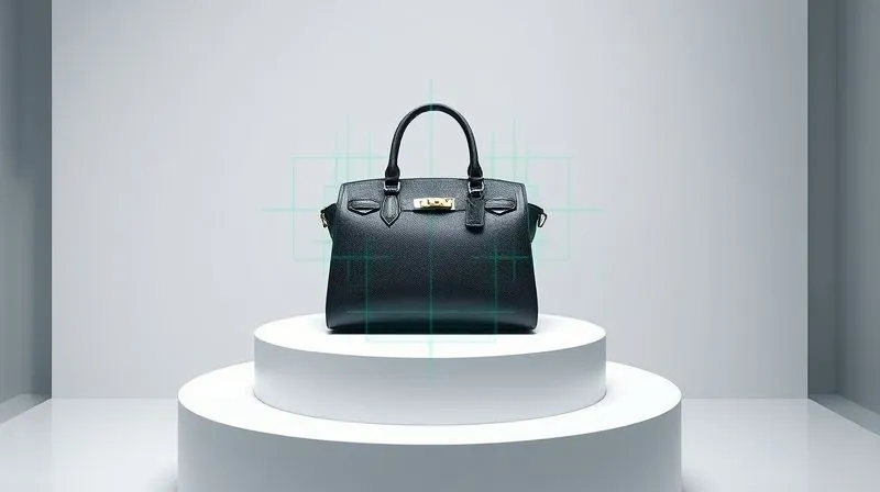 A photorealistic, professional photography, 8K, cinematic lighting, sharp focus, depth of field, shot on a high-end DSLR of a sophisticated AI system visually scanning a luxury handbag on a sterile white pedestal. Green digital lines and data overlays highlight key features of the bag, signifying an advanced authentication process. The scene is clean, futuristic, and emphasizes technological precision.