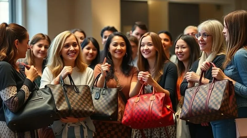 A photorealistic, professional photography, 8K, cinematic lighting, sharp focus, depth of field, shot on a high-end DSLR of a diverse group of fashion enthusiasts gathered, holding up genuine luxury handbags, smiling and engaging in conversation. The scene is brightly lit and shows a strong sense of community and shared passion for authentic style, emphasizing trust and connection.