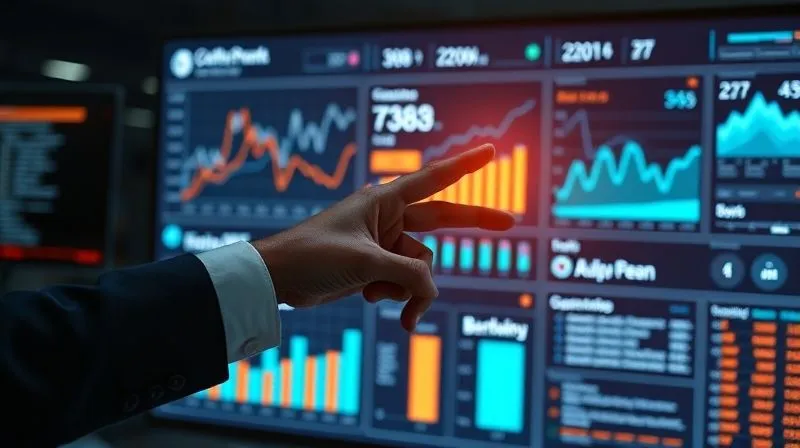 A photorealistic, professional photography, 8K, cinematic lighting, sharp focus, depth of field, shot on a high-end DSLR of a business intelligence dashboard displayed on a large monitor, showing various graphs and charts related to counterfeit detection and brand protection metrics. A hand points to a trend line, emphasizing data analysis and strategic planning. The scene is professional and analytical.