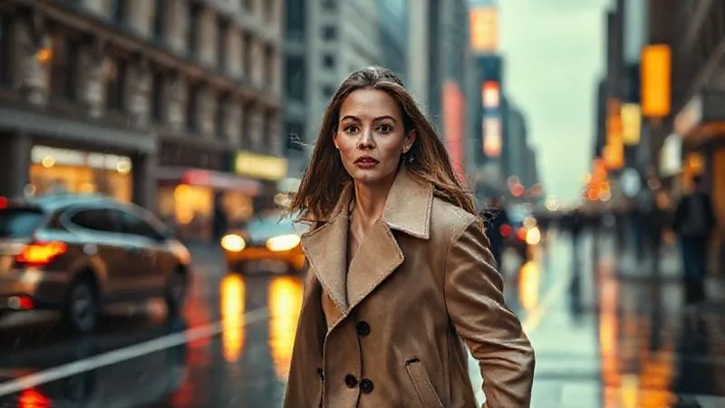 A photorealistic fashion campaign image depicting a model in motion, caught mid-stride in a bustling, rain-slicked city street at dusk. The model's expression is determined yet elegant, her coat billowing slightly, suggesting a narrative of urban adventure and resilience. Cinematic lighting, sharp focus on the model, depth of field blurring the city lights. 8K, professional photography.