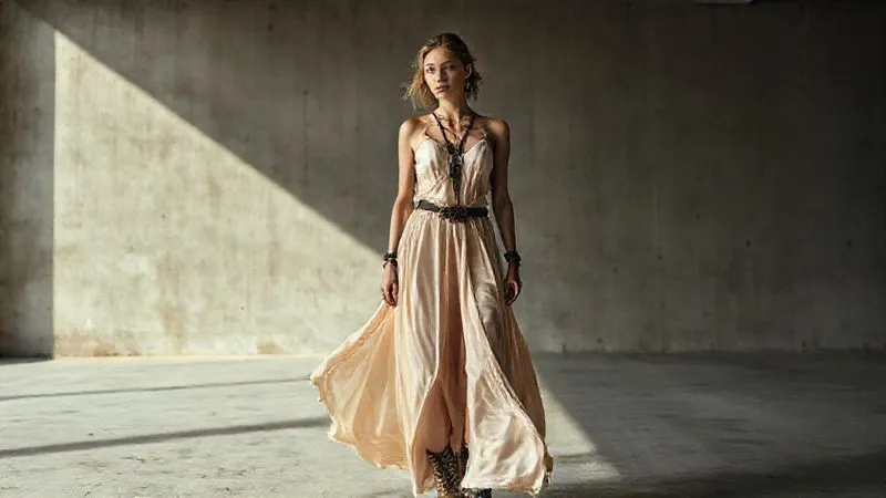 A photorealistic, professional fashion photography shot featuring a model styled in an avant-garde manner, wearing a flowing silk gown paired unexpectedly with rugged hiking boots and a delicate, handcrafted metal harness. The setting is a minimalist, concrete architectural space with dramatic shadows. The focus is sharp on the unique styling, with a shallow depth of field. 8K, cinematic lighting.