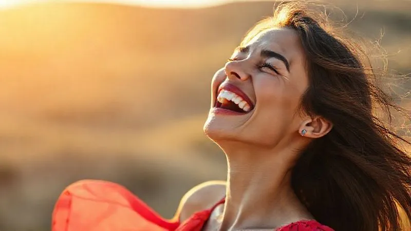 A photorealistic, professional fashion photography shot of a model caught mid-laugh, head tilted back, with genuine joy radiating from her face. Her hair is slightly windswept, and her clothing, a vibrant, flowing dress, moves with her. The background is a softly blurred, sun-drenched natural landscape, emphasizing the candid, authentic moment. 8K, cinematic lighting, sharp focus on her expression.