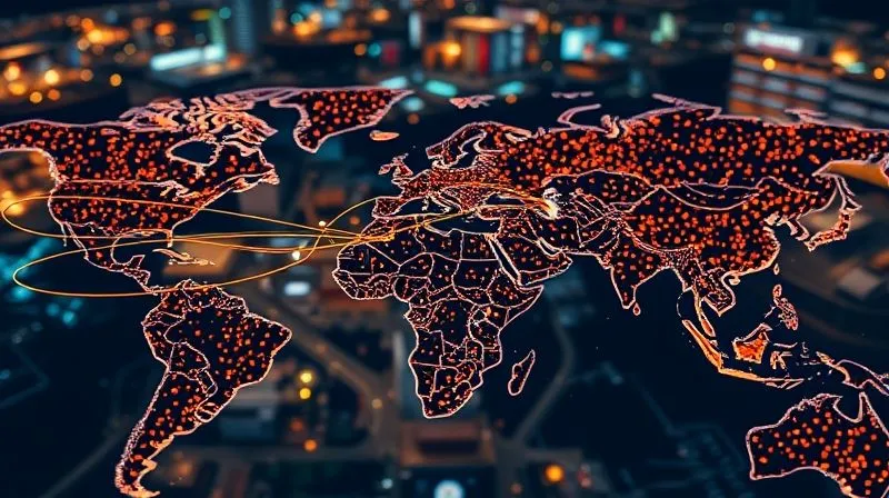 A photorealistic visualization of a complex neural network overlaying a fashion supply chain map, with data points flowing between factories, warehouses, and retail stores, illuminated by glowing lines representing predictive algorithms. Professional photography, 8K, cinematic lighting, sharp focus on the data flow, depth of field blurring the background logistics.