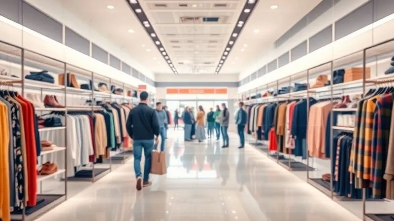 A photorealistic image of a fashion retail store interior, brightly lit, with well-stocked shelves and mannequins. In the background, a subtle, glowing digital overlay shows real-time inventory levels and predicted customer foot traffic, symbolizing optimized stock. Professional photography, 8K, cinematic lighting, sharp focus on the store layout, depth of field blurring the background customers.