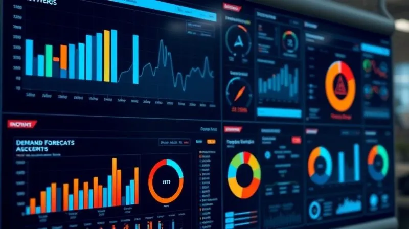 A photorealistic image of a complex digital dashboard displaying various data visualizations: bar charts, line graphs, and pie charts showing sales, inventory levels, and demand forecasts. One section of the dashboard is highlighted with a red 'alert' icon, symbolizing a data inconsistency or challenge. Professional photography, 8K, cinematic lighting, sharp focus on the dashboard, depth of field blurring the background office environment.