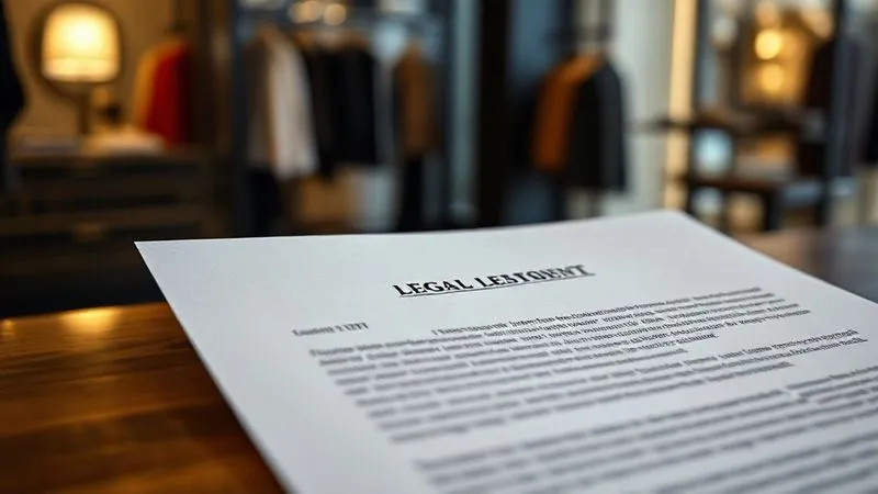 A photorealistic close-up of a legal document, possibly a cease and desist letter, with a blurred background showing a high-end fashion atelier. The document is sharply in focus, emphasizing the legal text and a signature line. Cinematic lighting, professional photography, 8K hyper-detailed, shot on a high-end DSLR.