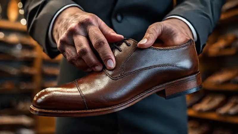 A close-up, photorealistic image of a man's hands gently inspecting the supple, full-grain leather of a high-quality formal shoe. The lighting is soft and warm, highlighting the texture and craftsmanship, with a blurred background of a traditional shoe store interior. Professional photography, 8K, cinematic lighting, sharp focus, depth of field, shot on a high-end DSLR.