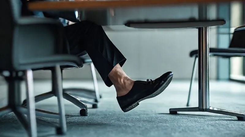 A subtle, photorealistic image of a professional man in a suit, seated at a conference table, discreetly rotating his ankle under the table. The focus is on the foot and ankle movement, with the rest of the scene softly blurred, conveying a sense of professional environment. Professional photography, 8K, cinematic lighting, sharp focus, depth of field, shot on a high-end DSLR.