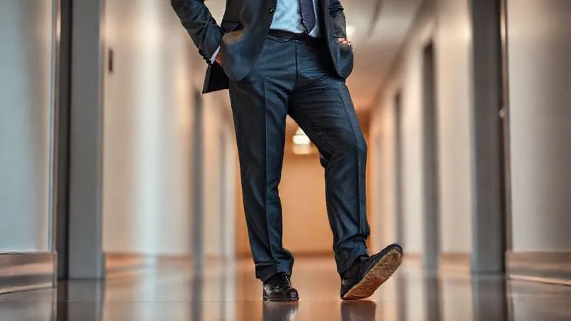 A photorealistic image of a professional man in a well-fitted suit standing with excellent, confident posture, perhaps in a well-lit office hallway or lobby. The focus is on his upright stance and balanced weight distribution, with a subtle glow around his feet, symbolizing good health and comfort. Professional photography, 8K, cinematic lighting, sharp focus, depth of field, shot on a high-end DSLR.