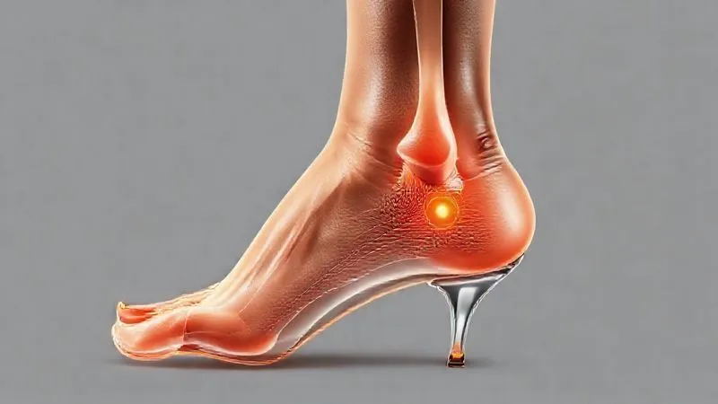 A highly detailed, photorealistic anatomical diagram of a human foot, with pressure points highlighted in red and yellow, wearing an invisible high heel. Professional medical illustration style, 8K, sharp focus.