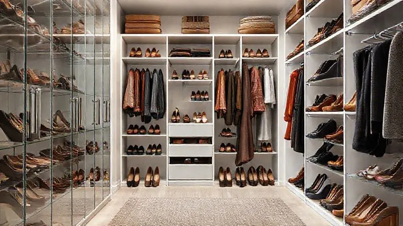A beautifully organized walk-in closet with a diverse collection of women's professional footwear: elegant high heels, stylish flats, chic wedges, and comfortable block heels, all neatly arranged. Photorealistic, 8K, soft natural lighting.