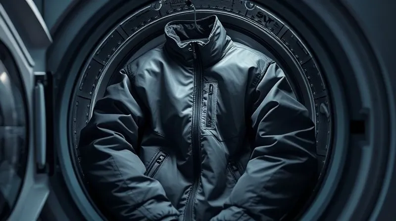 A photorealistic image of a high-tech functional jacket gently tumbling in a modern clothes dryer on a low heat setting, with steam visible, cinematic lighting, sharp focus, 8K.