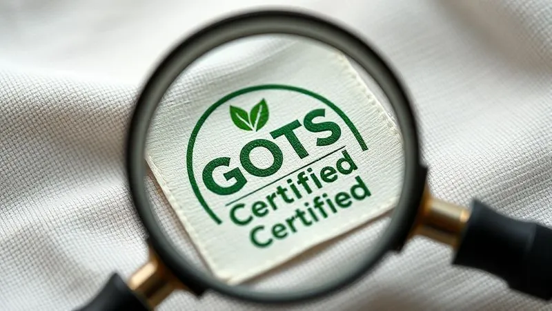 A photorealistic close-up of a GOTS certification label on a piece of organic cotton fabric, with a magnifying glass held above it, showing intricate details of the text and logo. Cinematic lighting highlights the texture of the fabric and the clarity of the label, sharp focus, depth of field, 8K hyper-detailed, professional photography.