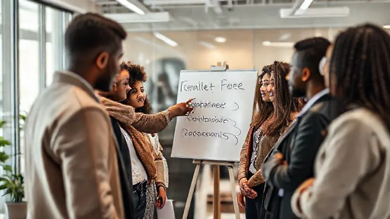 A diverse team of fashion professionals in a bright, modern office, engaged in a training session. One person points to a whiteboard with 'Cruelty-Free Standards' and 'Transparency Protocols' written on it. They are all looking attentive and engaged. Photorealistic, professional photography, 8K, cinematic lighting, sharp focus on the team, depth of field blurring the office background, shot on a high-end DSLR, conveying unity and education.