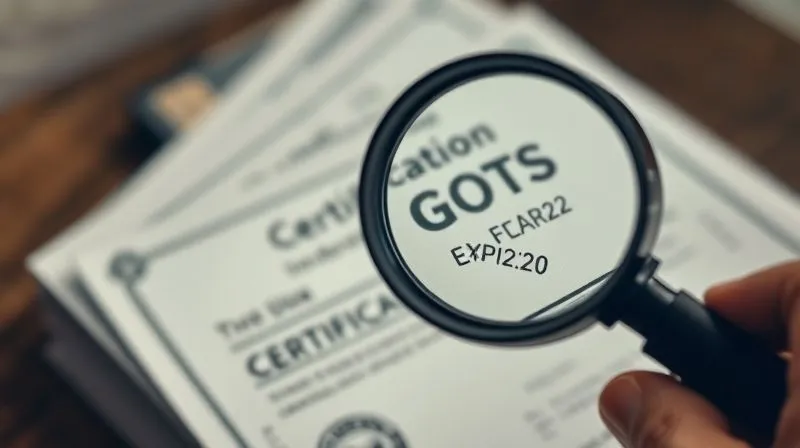 A close-up, photorealistic, professional photography shot of a hand meticulously examining a GOTS certification document with a magnifying glass, focusing on the seal and expiration date. In the subtly blurred background, a stack of other textile certifications is slightly blurred. Cinematic lighting, sharp focus on the document, depth of field. 8K hyper-detailed, shot on a high-end DSLR.
