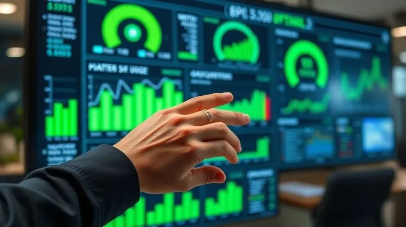 A professional photography shot of a data analyst's hands hovering over a complex digital dashboard displaying various sustainability KPIs for a textile supply chain: graphs for water usage, energy consumption, and carbon footprint. The screen glows with green and blue data visualizations, sharp focus on the hands and dashboard, depth of field blurring the office background. 8K hyper-detailed, shot on a high-end DSLR.
