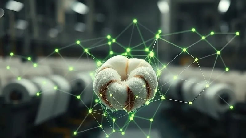 A photorealistic, professional photography shot of intricate blockchain links forming a transparent, glowing network around a single, perfectly formed organic cotton boll. The digital network symbolizes traceability and immutable data, with faint green data streams flowing through it. Cinematic lighting, sharp focus on the cotton and blockchain, depth of field blurring a background of industrial textile machinery. 8K hyper-detailed, shot on a high-end DSLR.
