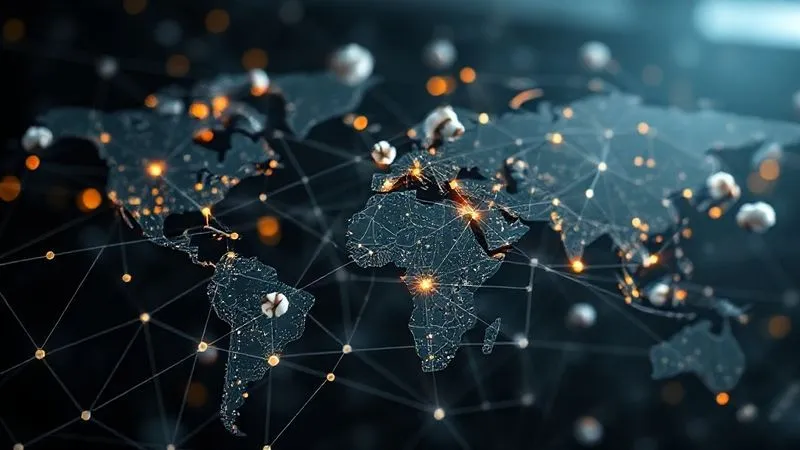 A complex, interconnected web of lines and nodes representing a global supply chain, with specific points highlighted for organic cotton farming, spinning, dyeing, garment manufacturing, and distribution. Photorealistic, professional photography, 8K, cinematic lighting, sharp focus on the central nodes, depth of field blurring the background, shot on a high-end DSLR.