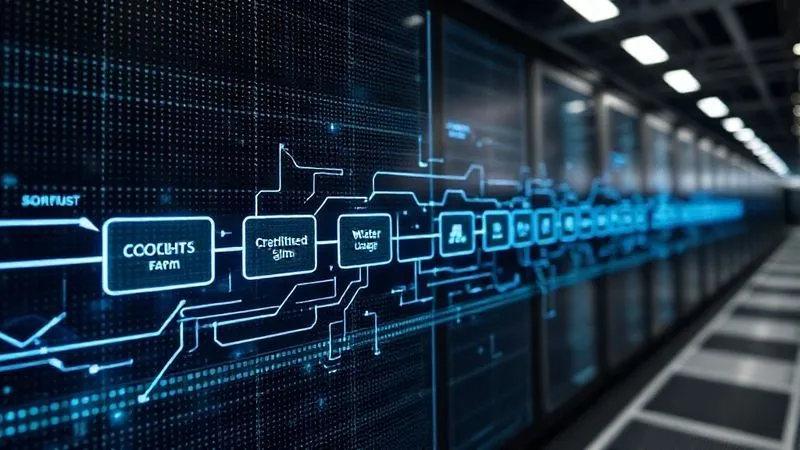 A futuristic digital interface displaying a blockchain ledger with interconnected blocks, each representing a stage in the organic cotton supply chain (farm, gin, spinner, dye house, factory). Data points like 'GOTS Certified' and 'Water Usage' are visible. Photorealistic, professional photography, 8K, cinematic lighting, sharp focus on the digital screen, depth of field blurring a modern data center in the background, shot on a high-end DSLR.