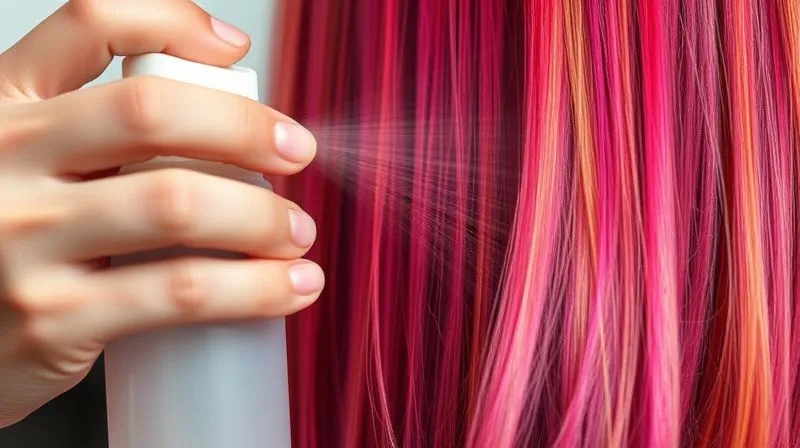 A photorealistic, close-up shot of a stylist's hands gently misting a fine, transparent heat protectant spray onto vibrant, color-treated hair. The hair is slightly damp and perfectly sectioned, with light reflecting off the healthy strands. Cinematic lighting emphasizes the protective barrier forming, sharp focus on the hair and product, depth of field blurring the background. 8K hyper-detailed, professional photography.