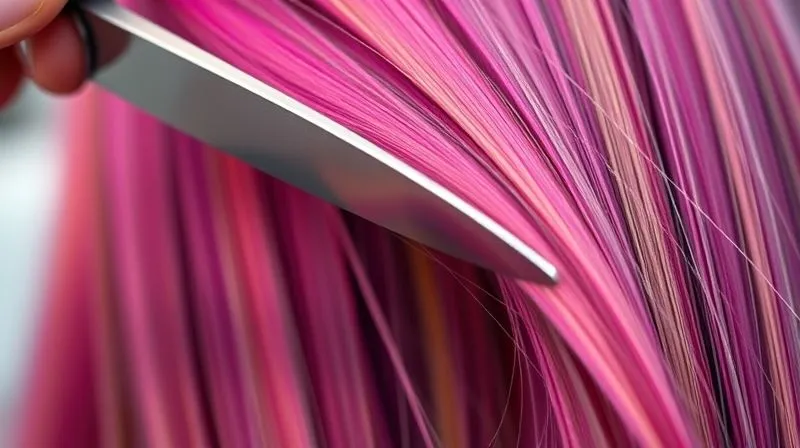 A photorealistic, close-up shot of the ends of vibrant, healthy, color-treated hair being gently trimmed by a professional stylist's shears. The hair ends are smooth and free of split ends, reflecting light beautifully. Cinematic lighting, sharp focus on the cutting action and healthy hair, depth of field blurring the stylist's face. 8K hyper-detailed, professional photography.