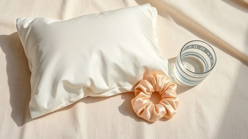 A photorealistic, elegant flat lay of hair care essentials: a luxurious silk pillowcase, a delicate silk scrunchie, and a glass of water, all arranged on a soft, natural linen background. Soft, diffused natural light, sharp focus on the textures, depth of field creating a serene atmosphere. 8K hyper-detailed, professional photography.