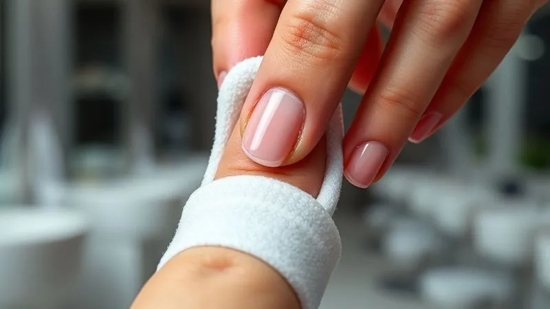 Close-up, photorealistic professional photography, 8K, cinematic lighting, sharp focus, depth of field, shot on a high-end DSLR, showing a pristine, perfectly prepped natural fingernail being gently wiped with a lint-free pad saturated with a clear liquid, emphasizing the clean, matte surface ready for gel application. The background is a soft-focused, sterile salon environment.