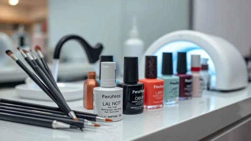 Close-up, photorealistic professional photography, 8K, cinematic lighting, sharp focus, depth of field, shot on a high-end DSLR, showcasing an array of high-quality, professional nail art tools: fine-tipped detail brushes, a sleek LED curing lamp, and various bottles of premium gel polish and top coats, arranged artfully on a clean, minimalist salon counter, conveying precision and expertise.