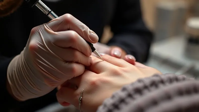 A close-up photorealistic professional photography, 8K, cinematic lighting, sharp focus, depth of field, shot on a high-end DSLR, showing a skilled nail technician's hands delicately applying a fine detail to an intricate gel nail art design on a client's hand. The technician wears professional gloves, and the focus is on the precision and expertise of their work, with a soft blur of a luxurious salon background.